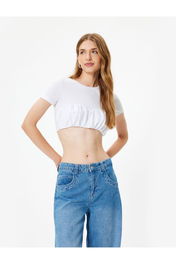 Koton Koton Crop T-Shirt Balloon Form Skinny Short Sleeve Round Neck Cotton
