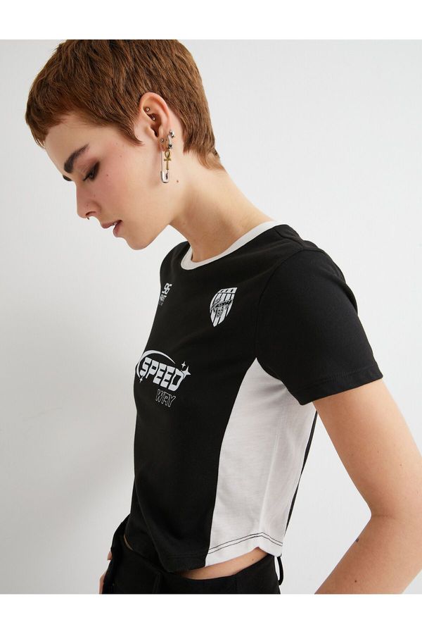 Koton Koton Crop T-Shirt Color Block Short Sleeve Crew Neck