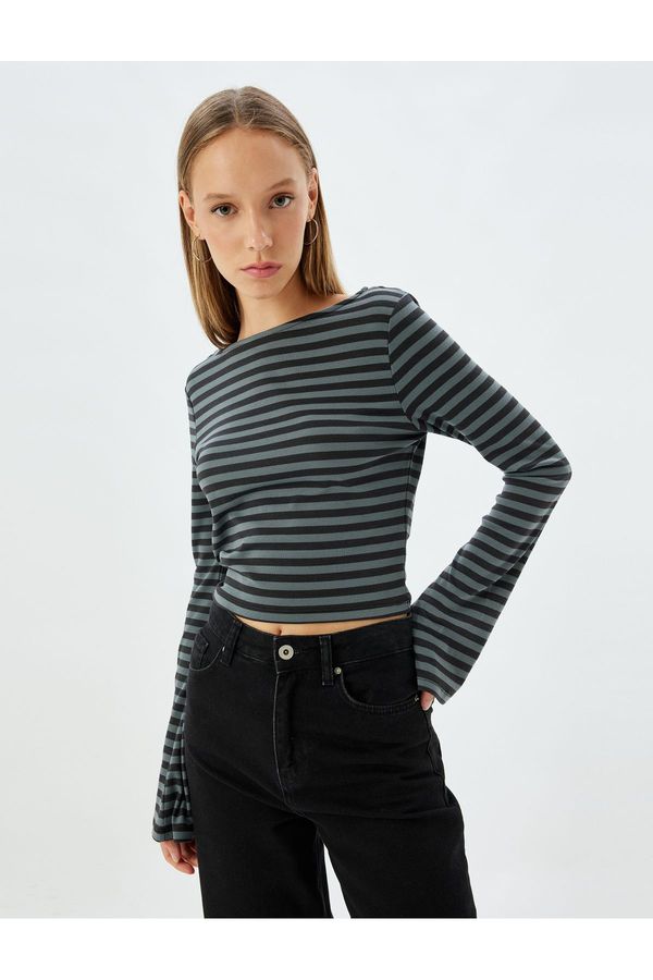 Koton Koton Crop T-Shirt Long Sleeve Boat Neck Slim Fit