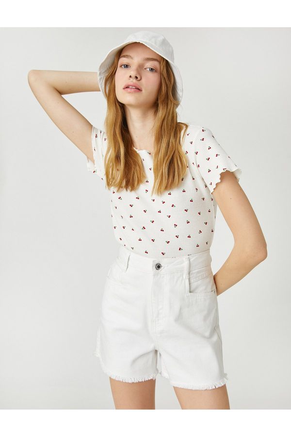 Koton Koton Crop T-Shirt Short Sleeves Round Neck Minimal Print