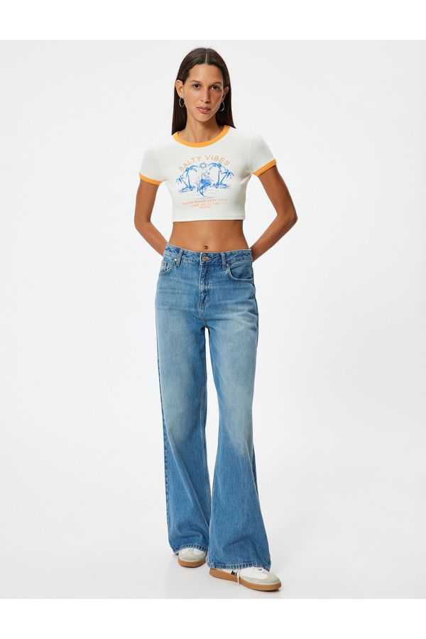 Koton Koton Crop T-Shirt Summer Themed Printed Crew Neck Short Sleeve Slim Fit