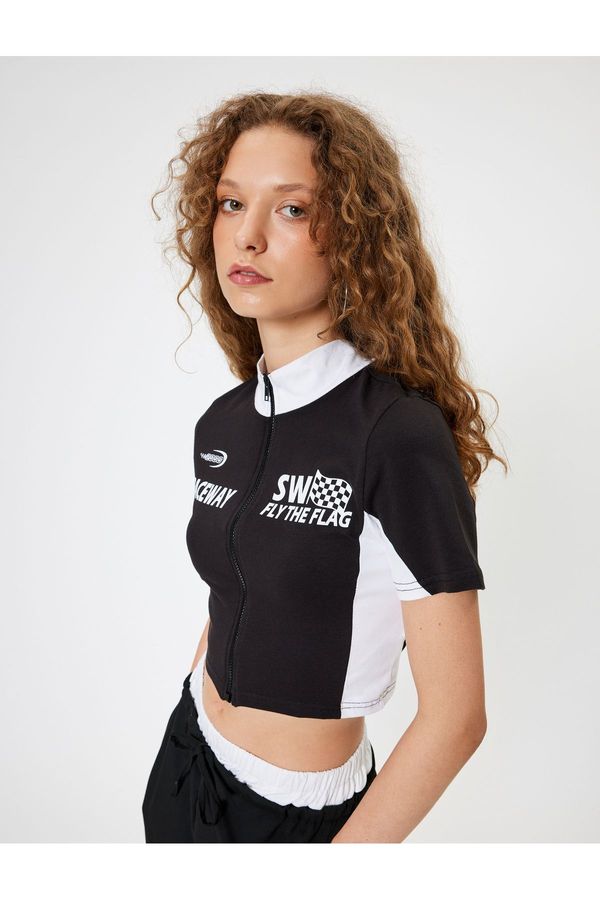 Koton Koton Crop T-Shirt Zippered College Printed Stand Collar Color Blocked Short Sleeve