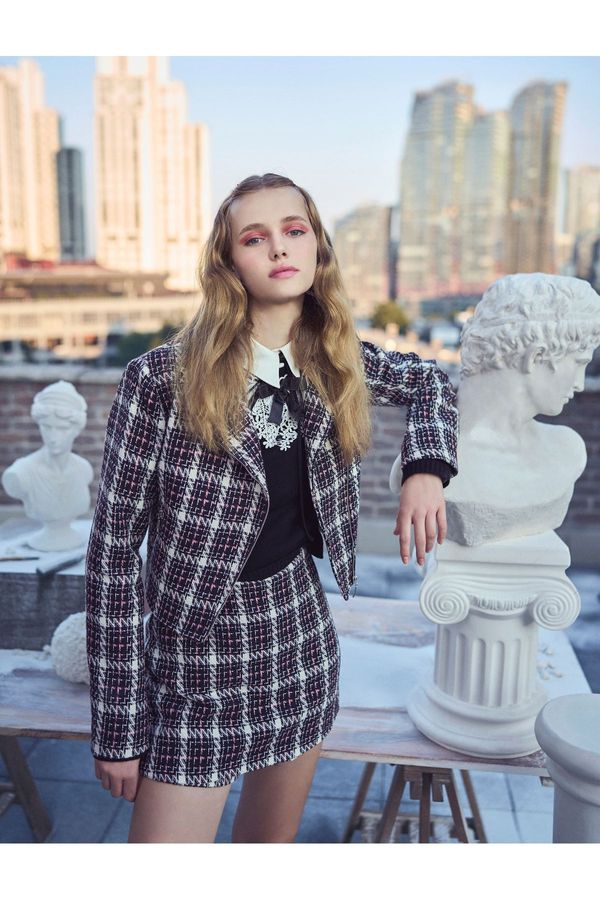 Koton Koton Crop Tweed Jacket Double Breasted Closure Zipper Detail