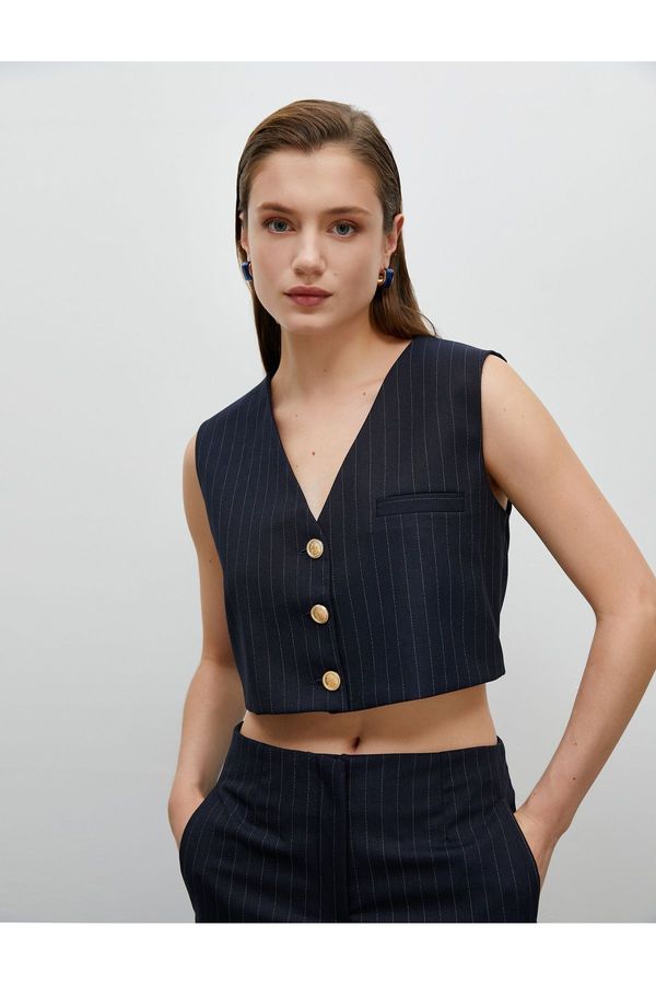 Koton Koton Crop Vest Gold Buttoned V-Neck Pocket Detailed