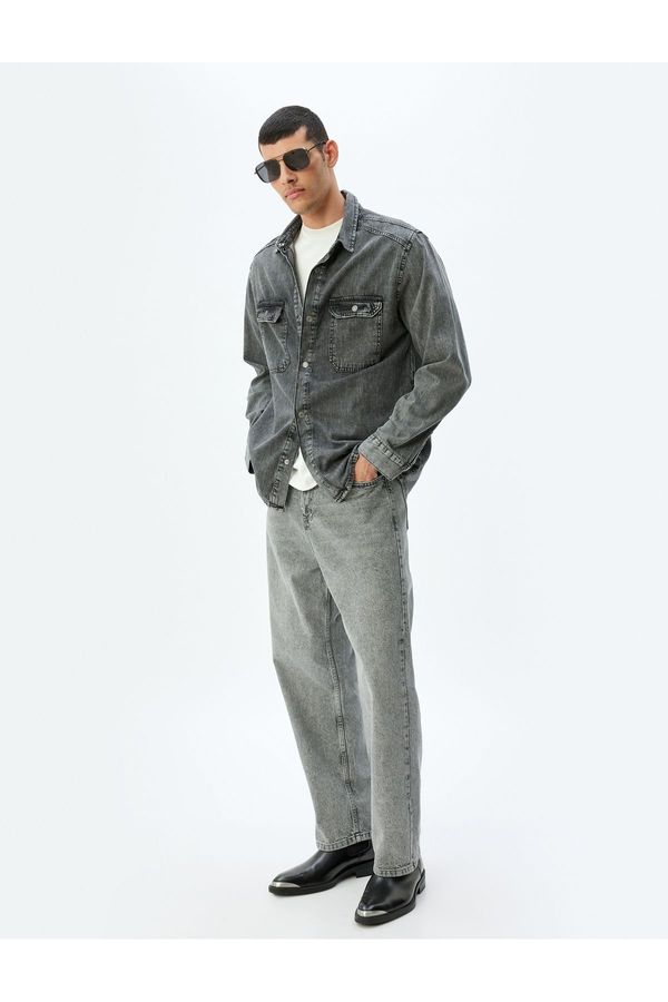 Koton Koton Denim Shirt Jacket Long Sleeve Flap Pocket Detail Cotton
