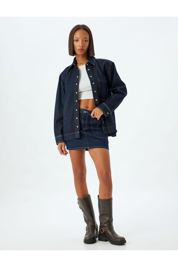 Koton Koton Denim Shirt Oversize Classic Collar Stitch Detail Pocket Snap Button