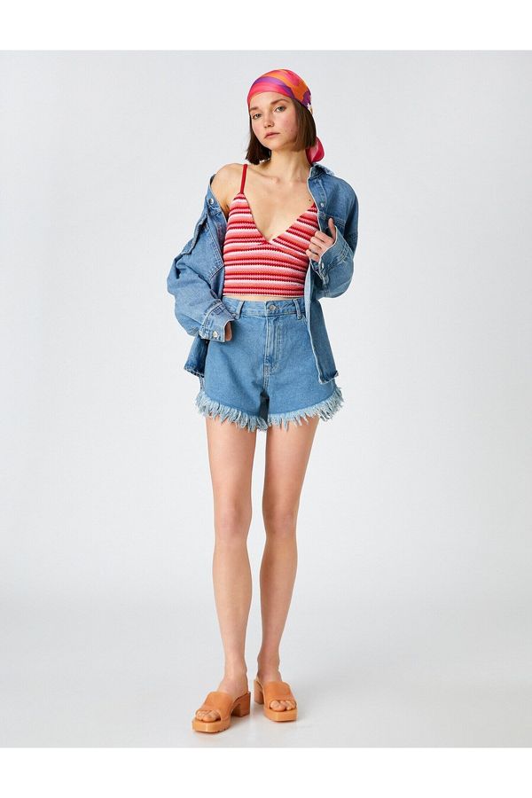 Koton Koton Denim Shorts High Waist, Tassels Pocket Cotton.