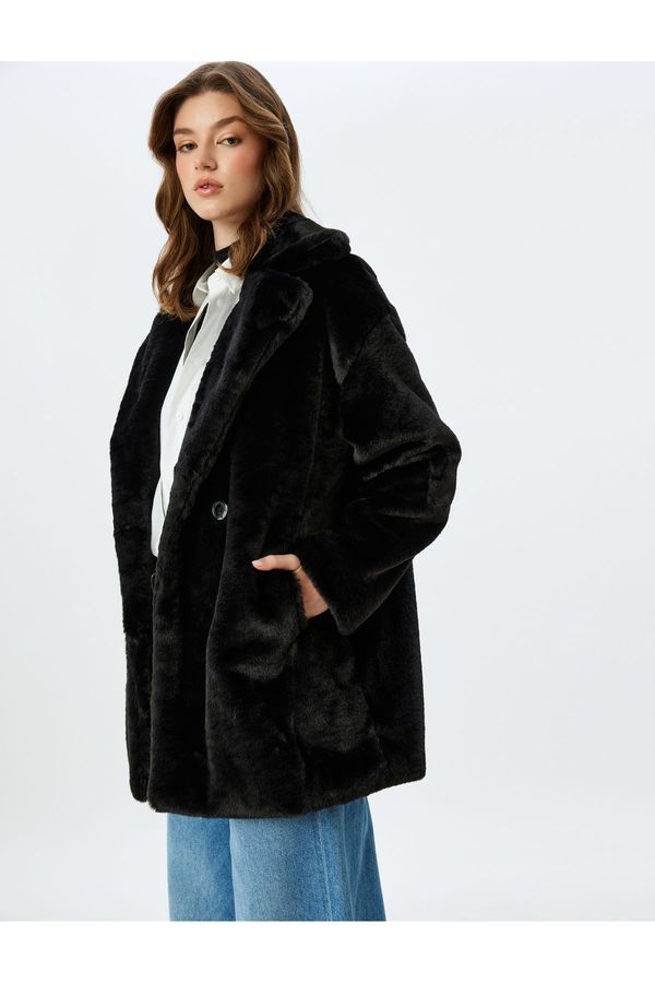 Koton Koton Double Breasted Plush Coat with Buttoned Pockets