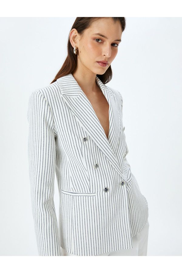 Koton Koton Double Breasted Striped Blazer Jacket with Buttoned Pockets