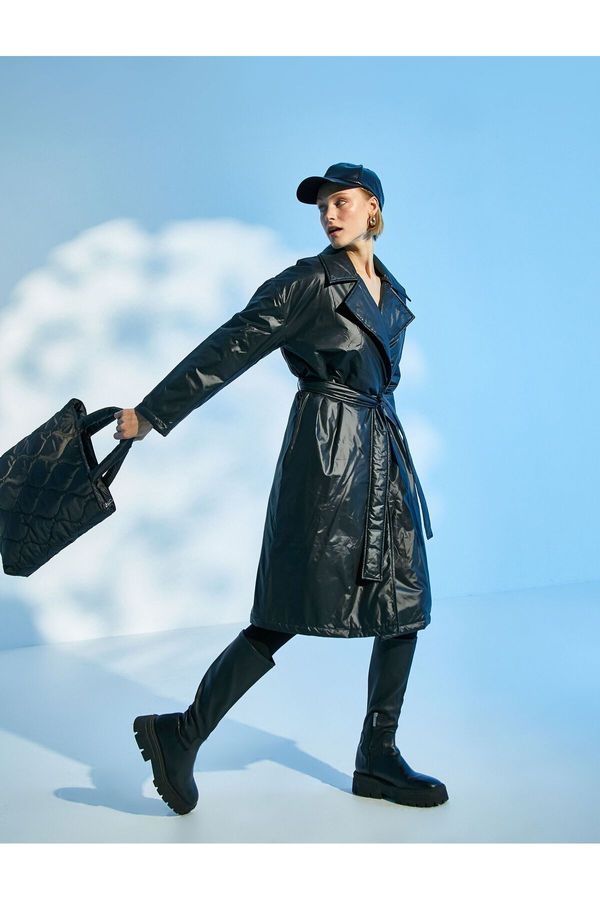 Koton Koton дълго палто лъскав широк изненадващ врата колан подробни