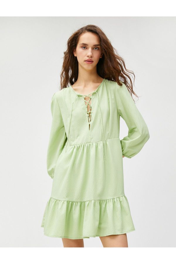 Koton Koton дълъг ръкав рокля с вратовръзка детайл, Flounce вискоза смес.