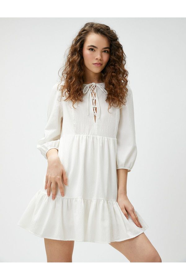 Koton Koton дълъг ръкав рокля с вратовръзка детайл, Flounce вискоза смес.