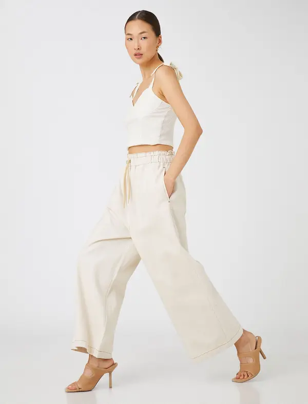 Koton Koton Elastic Waist Jeans Trousers Wide Crop Leg