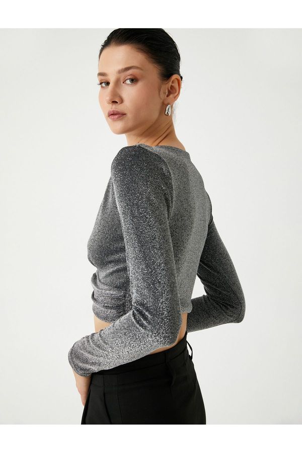Koton Koton Evening Dress Blouse Crop Glitter Long Sleeve V Neck Gathered