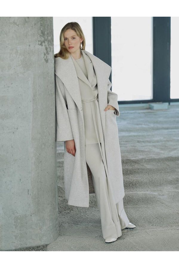 Koton Koton Extra Long Cashmere Coat Wide Shawl Collar Pocket Side Slit Detail