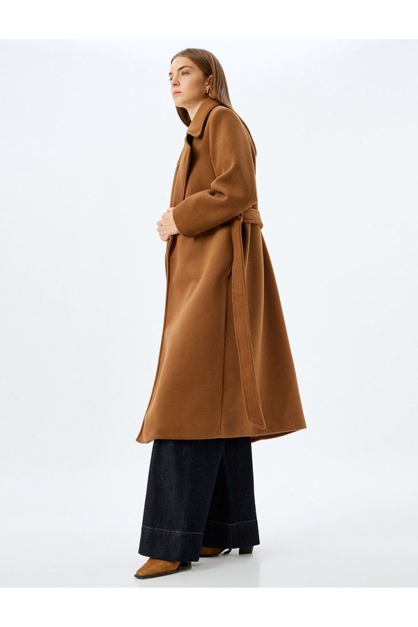 Koton Koton Extra Long Cashmere Coat with Belt Detail and Pocket