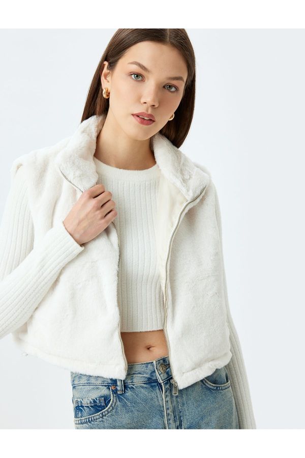 Koton Koton Faux Für Stand Collar Zippered Crop Lined Vest