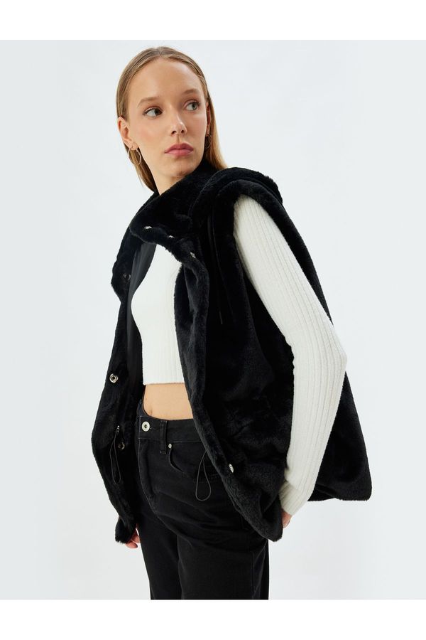 Koton Koton Faux Für Vest with Hood and Snap Button Pocket Detail