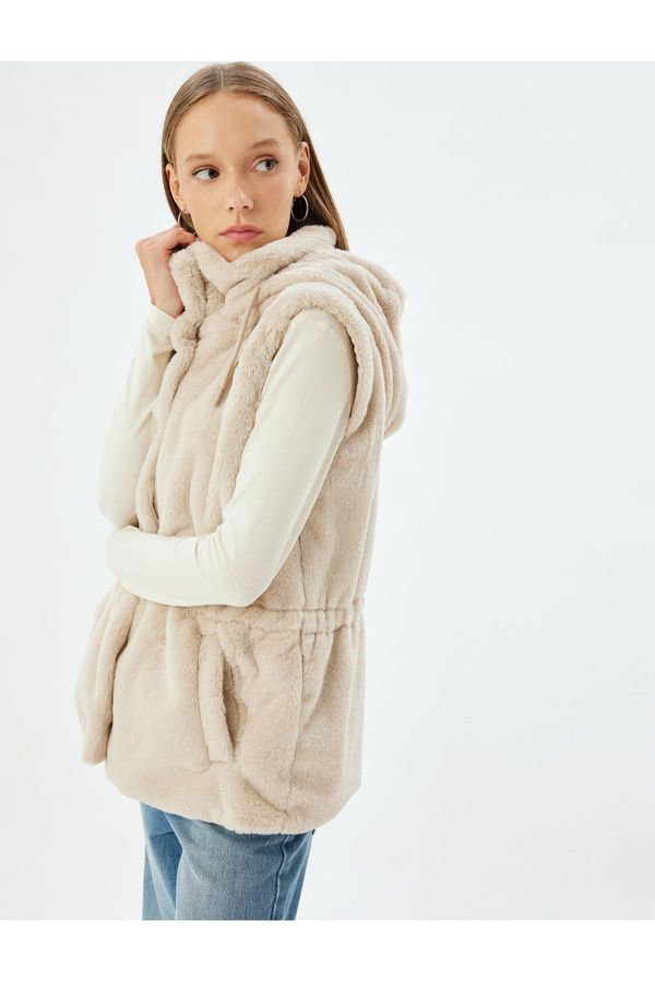 Koton Koton Faux Für Vest with Hood and Snap Button Pocket Detail