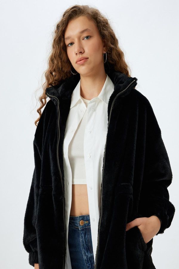 Koton Koton Faux Fur Zippered Pocket Detailed Lined Long Jacket