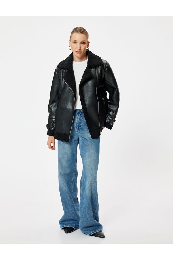 Koton Koton Faux Leather Biker Jacket with Fur Collar, Hip Length Zipper, Comfortable Fit