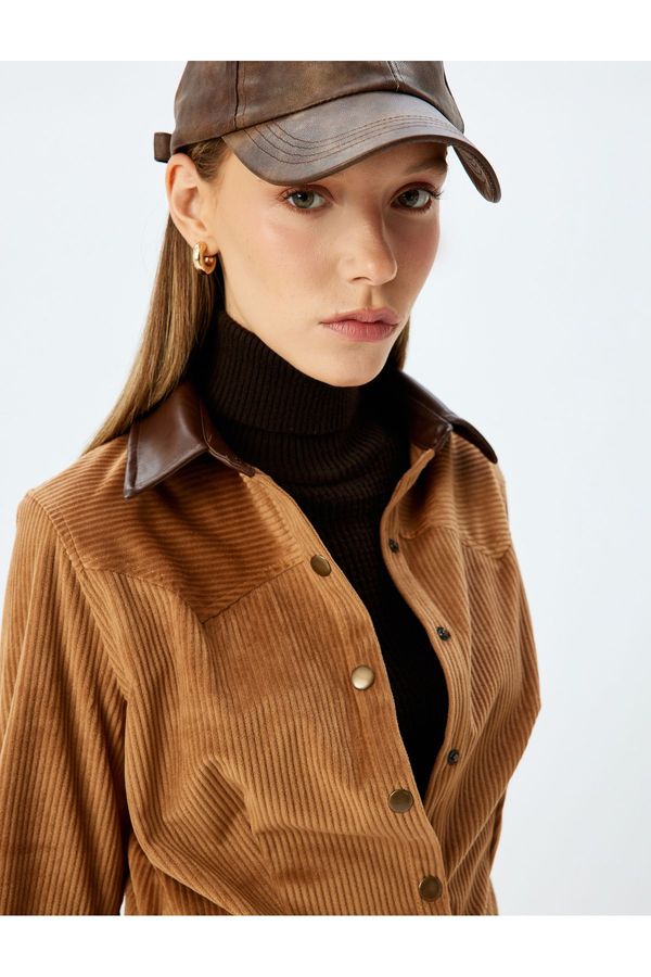 Koton Koton Faux Leather Collar Corduroy Snap Button Shirt