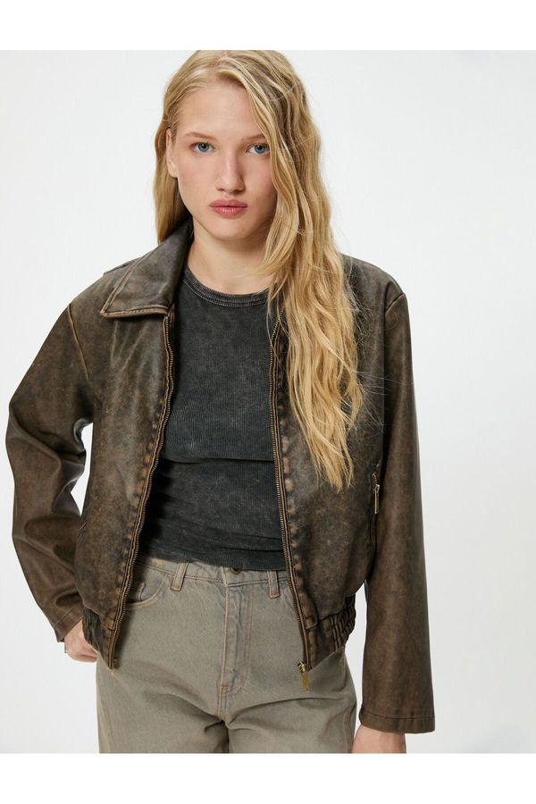 Koton Koton Faux Leather Jacket Weathered Effect Zippered Shirt Collar