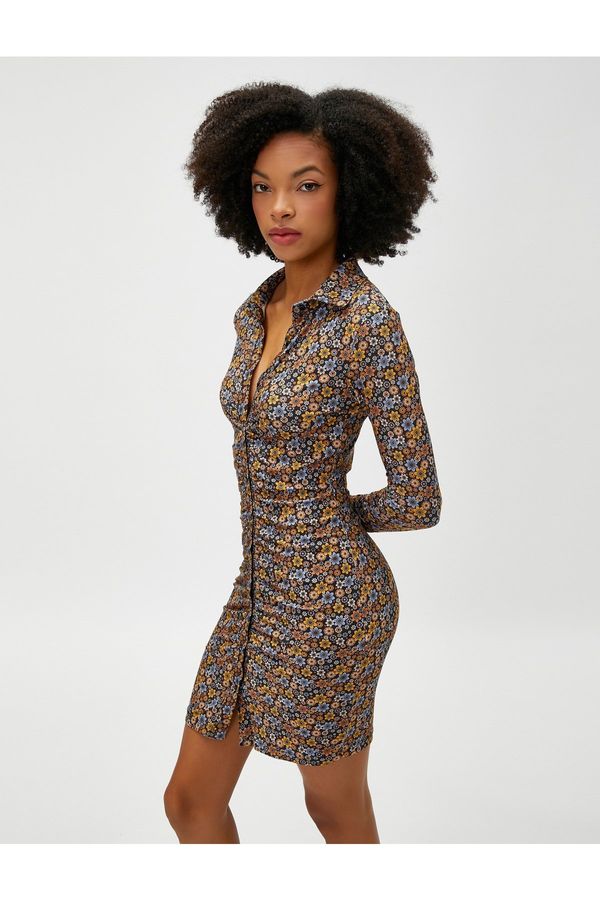 Koton Koton флорални рокля мини дълги ръкави драпирани риза яка