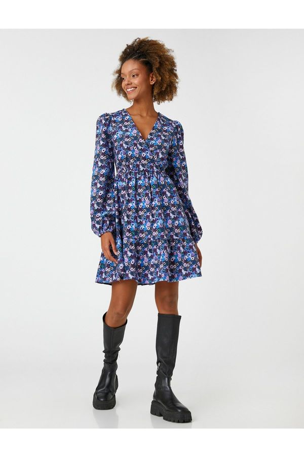 Koton Koton флорални зимни рокля мини v-образно деколте балон ръкави увити