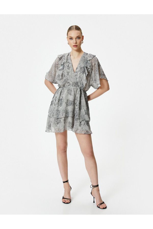 Koton Koton Frilly Mini Dress Bat Sleeve V-Neck Lined