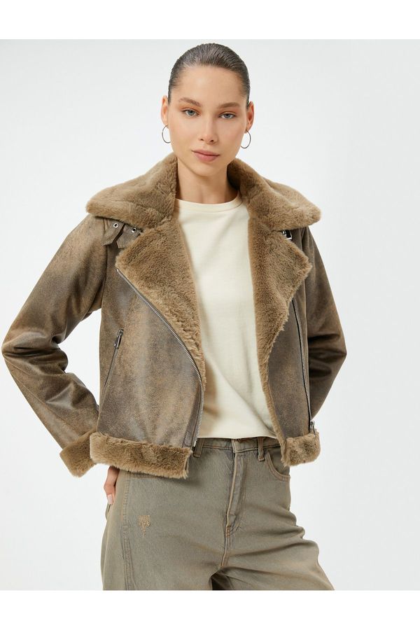Koton Koton Fur Collar Zippered Pocket Biker Jacket