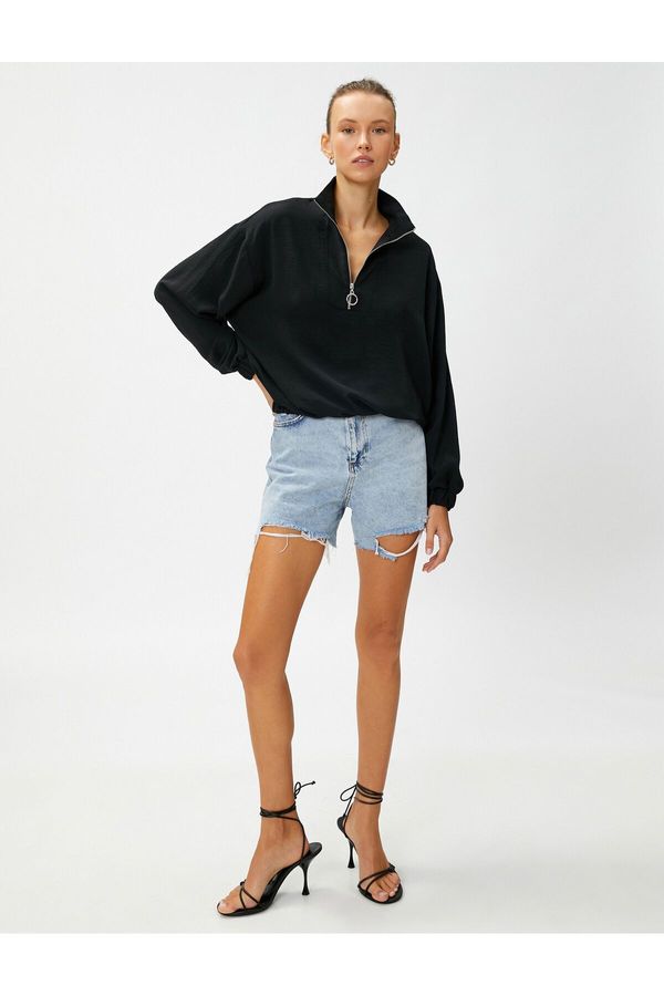 Koton Koton Half Zipper Blouse with Gather Detail at Waist