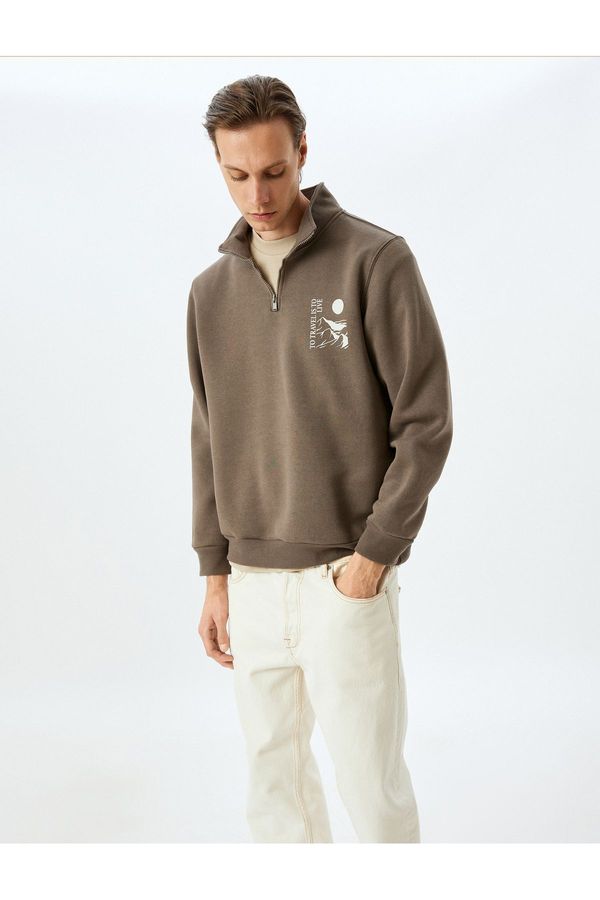 Koton Koton Half Zipper Cotton Blend Printed Sweatshirt