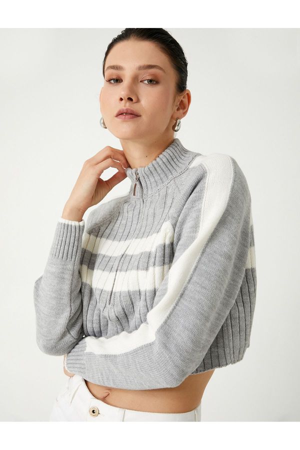 Koton Koton Half Zipper Stand Collar Long Sleeve Striped Crop Sweater