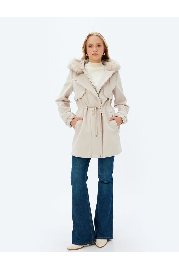 Koton Koton Hooded Faux Für Collar Cashmere Coat with Tie Waist and Zippered Pockets