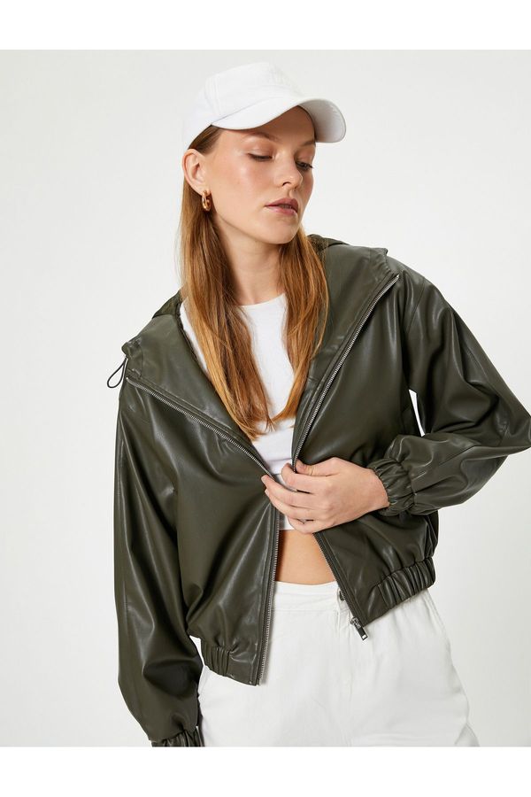 Koton Koton Hooded Faux Leather Bomber Jacket Zippered, Lined, Pocketed, Comfortable Fit