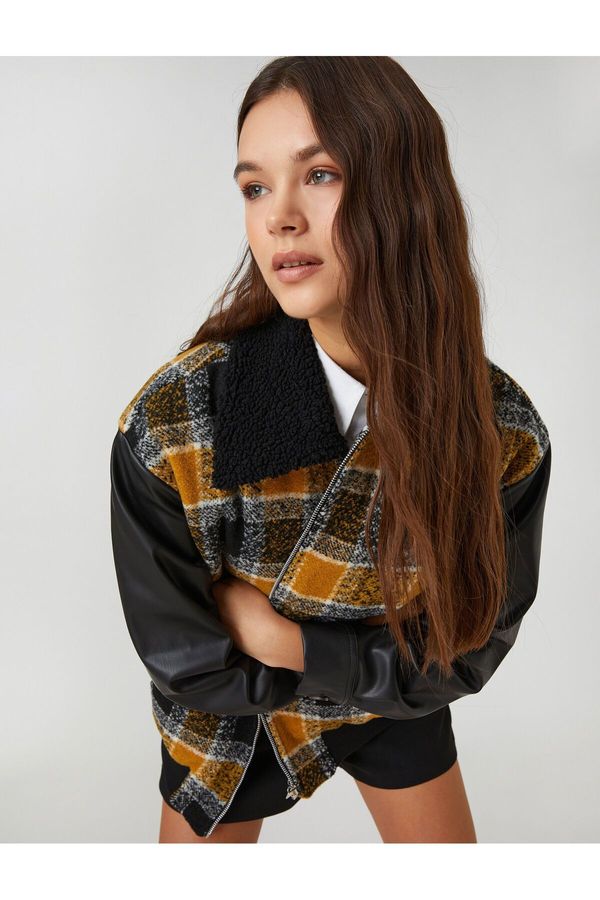 Koton Koton извънгабаритни яке риза яка цип плюшена кожа поглед с ръкави подробни.