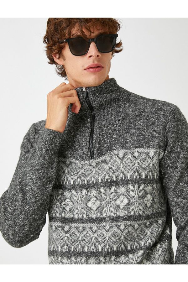 Koton Koton Jacquard Sweater Stand-Up Collar Zipper Detail