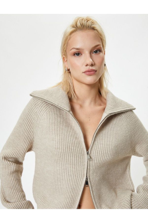 Koton Koton Knitted Cardigan Double-Sided Zipper Stand Collar Camisole Ribbed