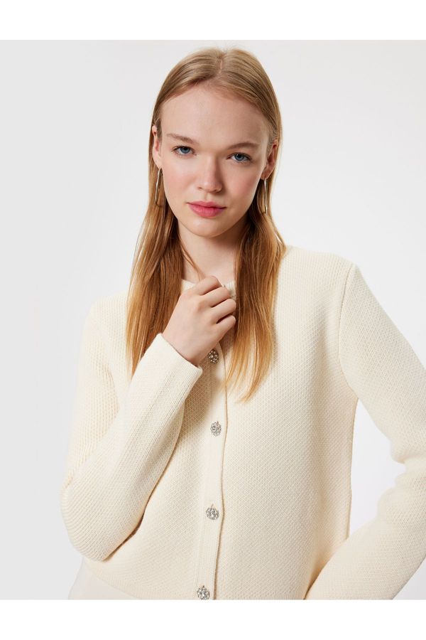 Koton Koton Knitwear Cardigan Crew Neck Stone Button Detailed Long Sleeve