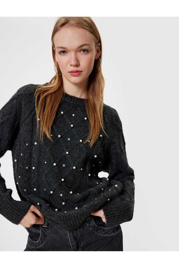 Koton Koton Knitwear Sweater Crew Neck Pearl Detailed Knit Textured Long Sleeve