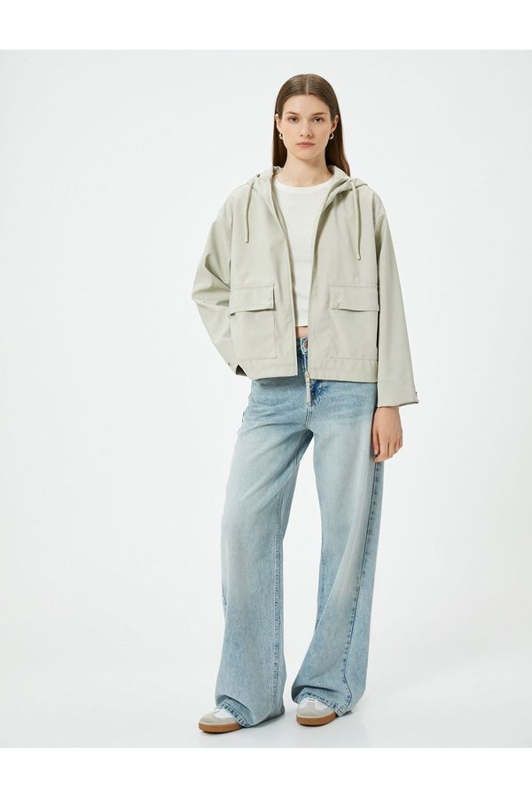 Koton Koton Leather Look Raincoat with Hood and Pocket Detail and Zipper