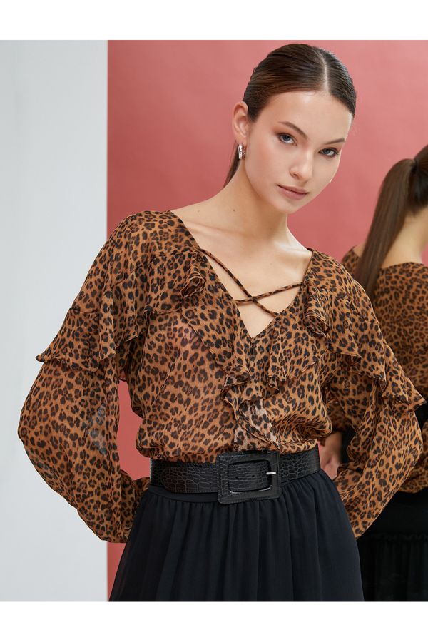 Koton Koton Leopard Patterned Blouse Chiffon Long Sleeve Frilly V-Neck