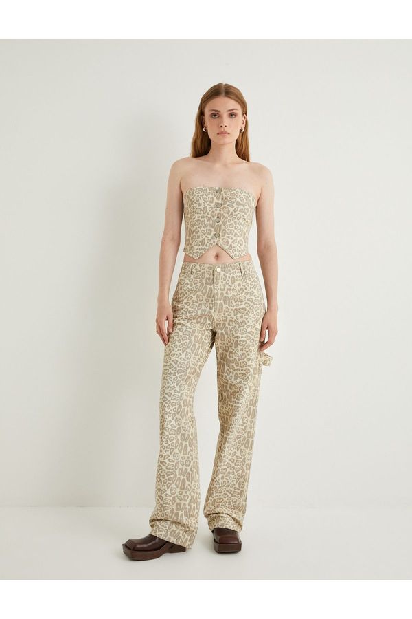 Koton Koton Leopard Trousers Straight Leg Standard Waist Pocket Buttoned Cotton