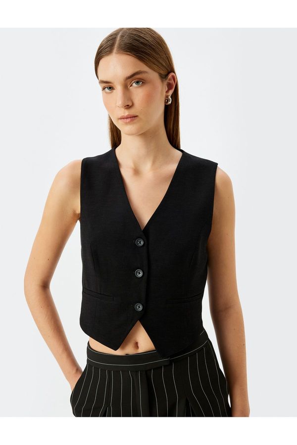 Koton Koton Linen Viscose Blend Buttoned V Neck Blazer Vest