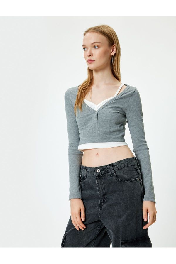 Koton Koton Long Sleeve Button V-Neck T-Shirt