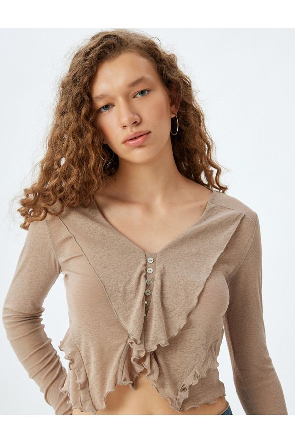 Koton Koton Long Sleeve Buttoned V Neck Ruffle Asymmetrical Blouse