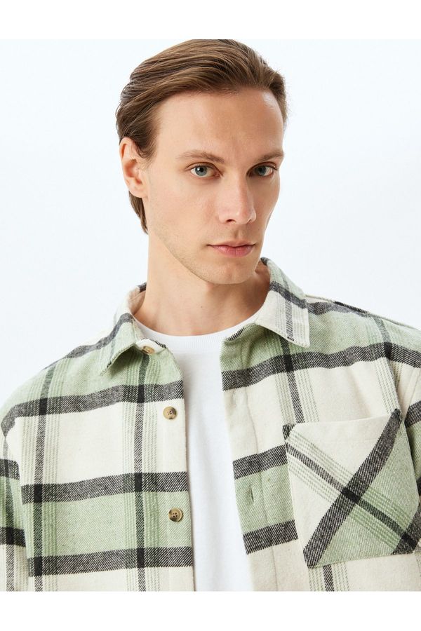 Koton Koton Long Sleeve Cotton Blend Plaid Lumberjack Shirt with Pocket Detail