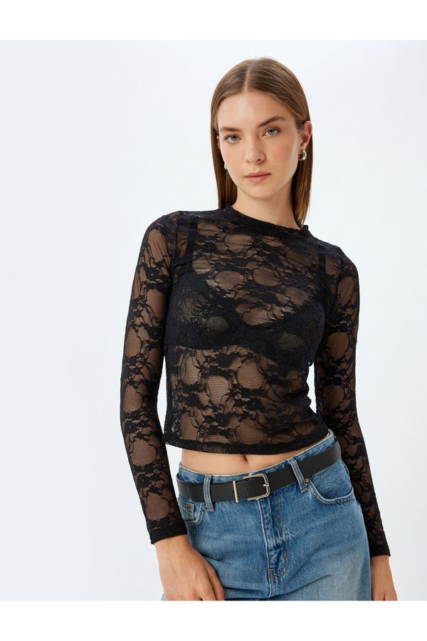 Koton Koton Long Sleeve Crew Neck Transparent Tulle Lace T-Shirt