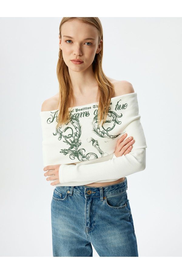 Koton Koton Long Sleeve Off-The-Shoulder Madonna Neck Slogan Printed Ribbed Slim Fit T-Shirt